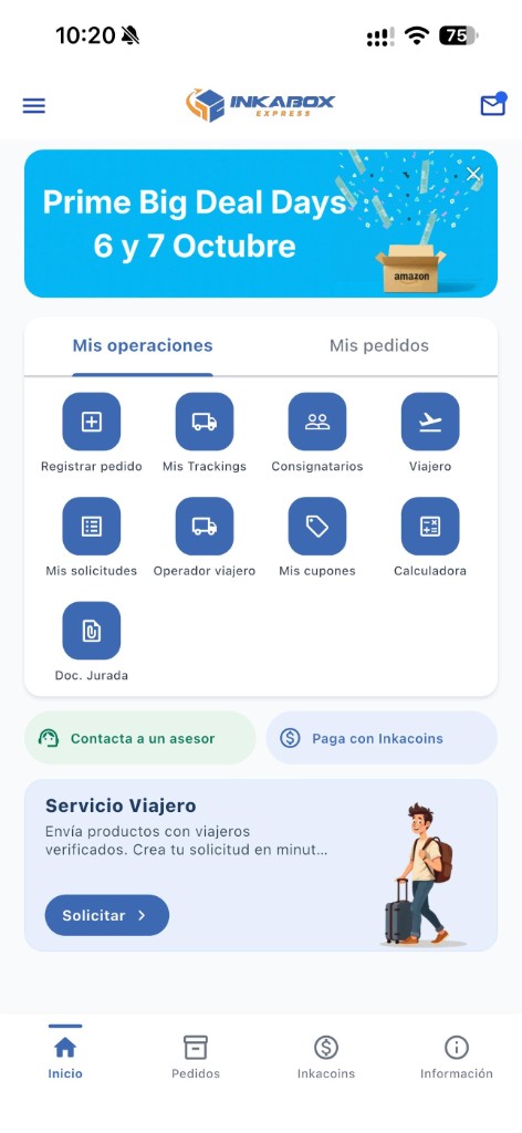 Pantalla de inicio de la app InkaBox Express